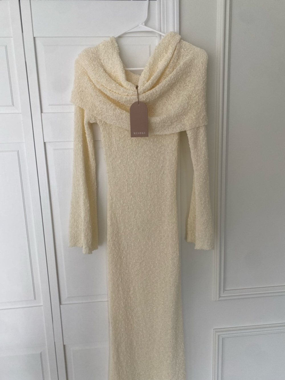 Meshki Cream Off-the-Shoulder Long Sleeve Knit Dress